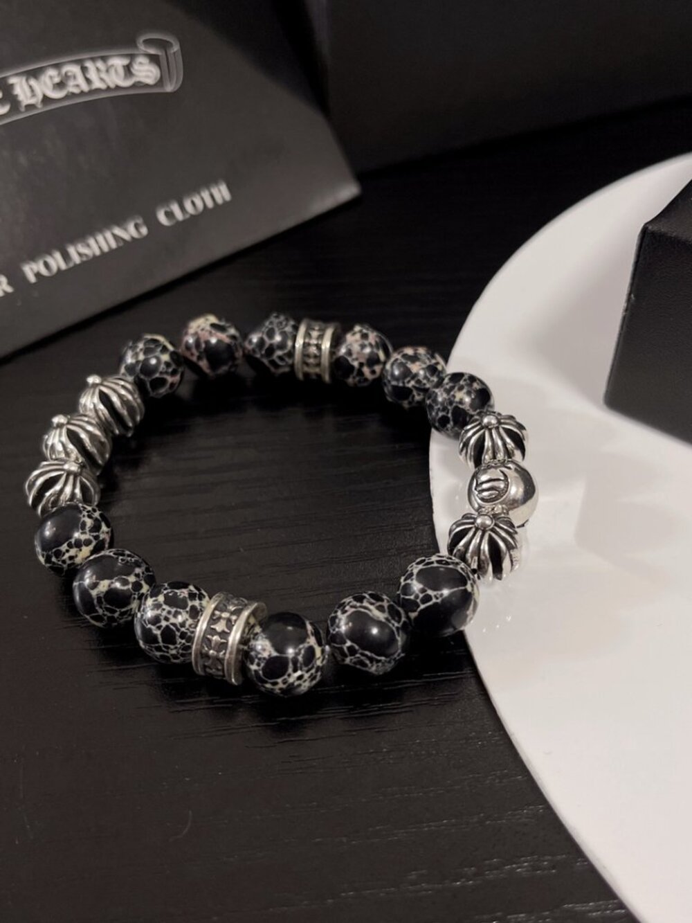 Chrome Hearts Cross Black Web Stone Bead Bracelet
